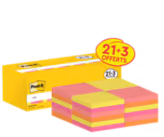Notes Post-it®, Couleurs Néon Assorties, 76 mm x 76 mm, Pack Promotionnel, 100 Feuilles/Bloc, 21 Blocs + 3 Gratuits/Paquet, Paquet de Carton, 100% PEFC, SGSCH-PEFC-COC-110078
