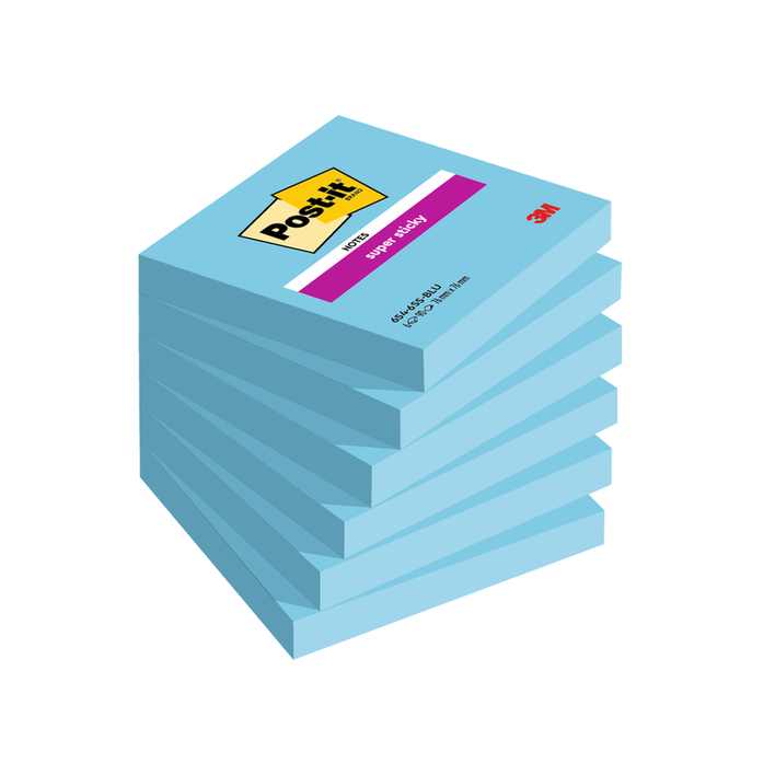 Notes Post-it® Super Sticky, Bleu, 76 mm x 76 mm, 90 Feuilles/Bloc, 6 Blocs/Paquet, 100% PEFC, SGSCH-PEFC-COC-110078