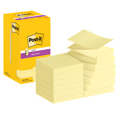 Z-Notes Post-it® Super Sticky, Jaune Canari, 76 mm x 76 mm, 90 Feuilles/Bloc, 12 Blocs/Paquet, Paquet de Carton, 100% PEFC, SGSCH-PEFC-COC-110078
