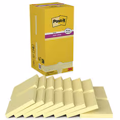 Notes Post-it® Super Sticky, Jaune Canari, 76 mm x 76 mm, Pack Promotionnel, 90 Feuilles/Bloc, 14 Blocs + 2 Gratuits/Paquet, 100% PEFC, SGSCH-PEFC-COC-110078