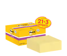 Notes Post-it® Super Sticky, Jaune Canari, 47.6 mm x 47.6 mm, Pack Promotionnel, 90 Feuilles/Bloc, 21 Blocs + 3 Gratuits/Paquet, 100% PEFC, SGSCH-PEFC-COC-110078