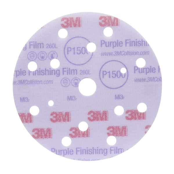 Disque abrasif de finition Violet à support film 3M Hookit 260L, 150 mm, 15 trous, P1500, 51154