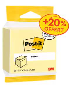 Notes Post-it®, Jaune Canari, 76 mm x 76 mm, 450 Feuilles/Bloc, 1 Bloc/Paquet, 100% PEFC, SGSCH-PEFC-COC-110078