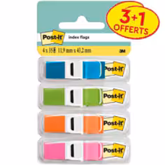 Marque-Pages Post-it®, Petit, Couleurs Translucides, 11.9 mm x 43.2 mm, Pack Promotionnel, 35 Marque-Pages/Dévidoir, 3 Dévidoirs + 1 Gratuits/Paquet