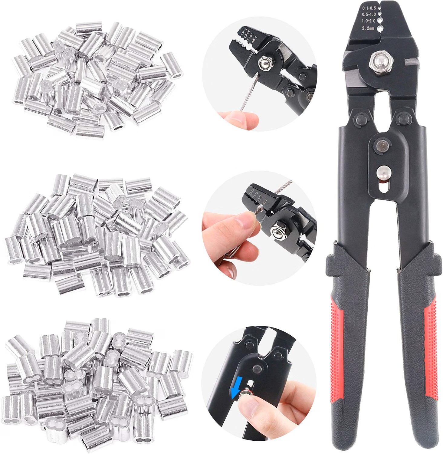 Glarks Outil de sertissage de câble métallique jusqu\'à 2,2 mm avec 180 pièces 1,2/1,5/2 mm en aluminium à double barillet