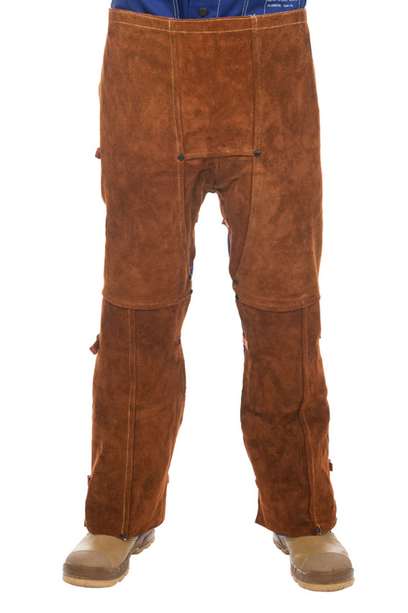 Pantalon soudeur Lava Brown en cuir croûte bovin sans arrière, longueur 102 cm