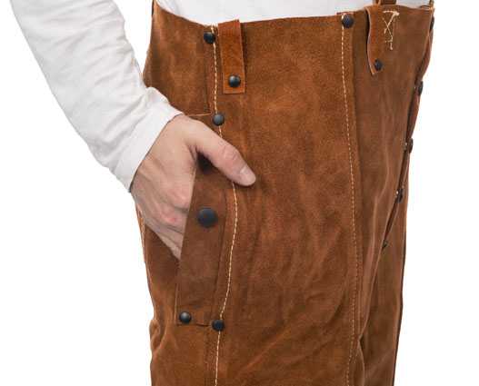 Pantalon soudeur Lava Brown en cuir croûte bovin sans arrière, longueur 102 cm