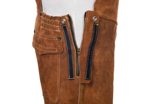 Pantalon soudeur Lava Brown en cuir croûte bovin sans arrière, longueur 102 cm