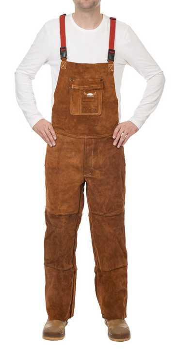 Pantalon soudeur Lava Brown en cuir croûte bovin, protection poitrine