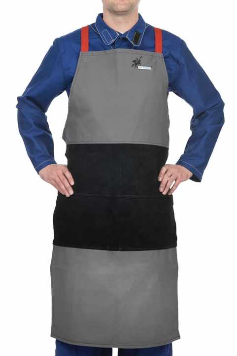 Tablier Arc Knight® coton ignifugé 520 gr./m2 + cuir croute noir de vache, Long.107cm, Larg.80cm
