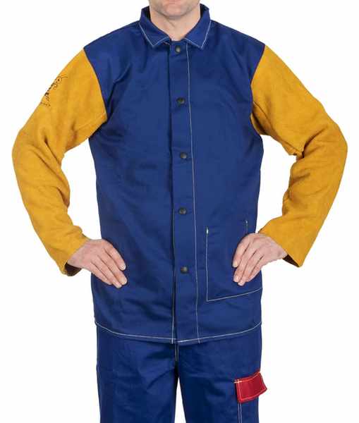 Veste Yellow jacket® coton bleu ignifugé, manches croûte bovin jaune, longueur 96 cm
