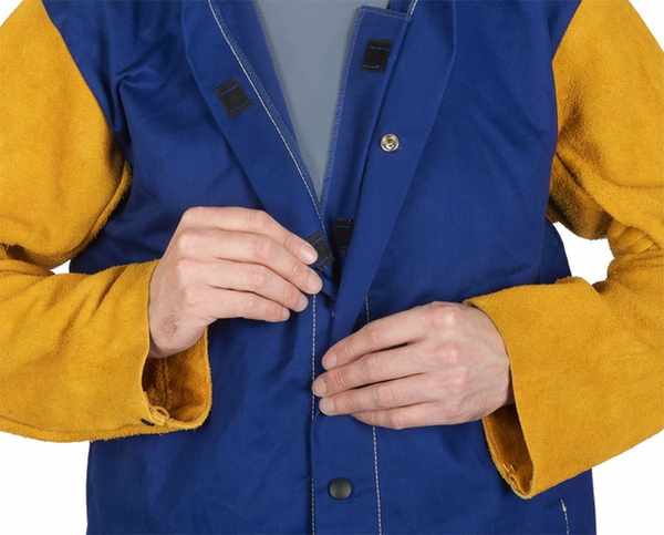 Veste Yellow jacket® coton bleu ignifugé, manches croûte bovin jaune, longueur 96 cm