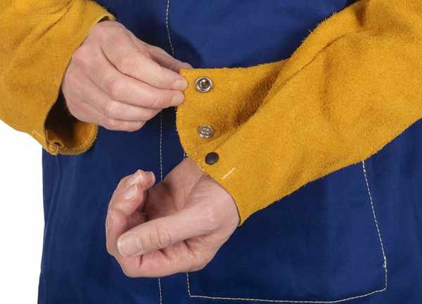 Veste Yellow jacket® coton bleu ignifugé, manches croûte bovin jaune, longueur 96 cm