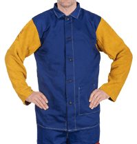 Veste Yellow jacket® coton bleu ignifugé, manches croûte bovin jaune, longueur 96 cm