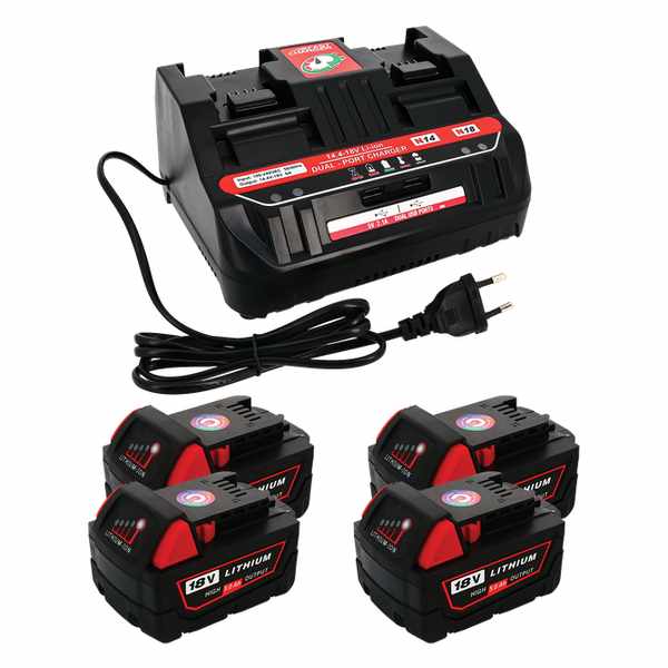 Pack 4 batteries compatible Milwaukee 18V 5Ah + 1 chargeur double