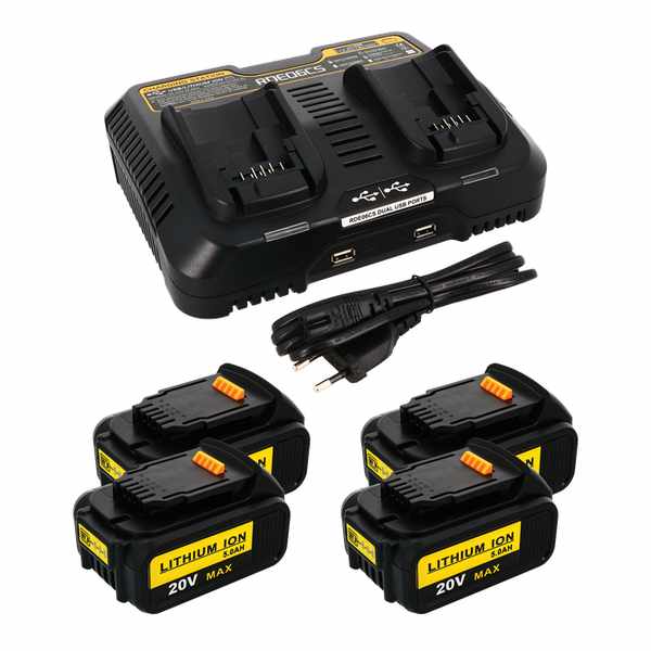 Pack 4 batteries compatible Dewalt 20V 5Ah + 1 chargeur double