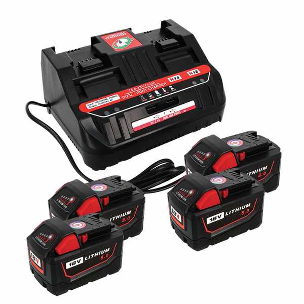 Pack 4 batteries compatible Milwaukee 18V 8Ah + 1 chargeur double